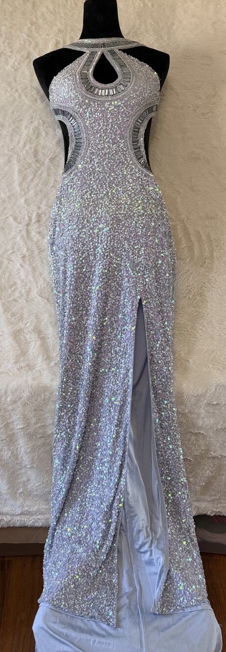 Aleta Silver Iridescent Sequin Prom Dress Womens 0 Cutout High Slit Beaded Gown